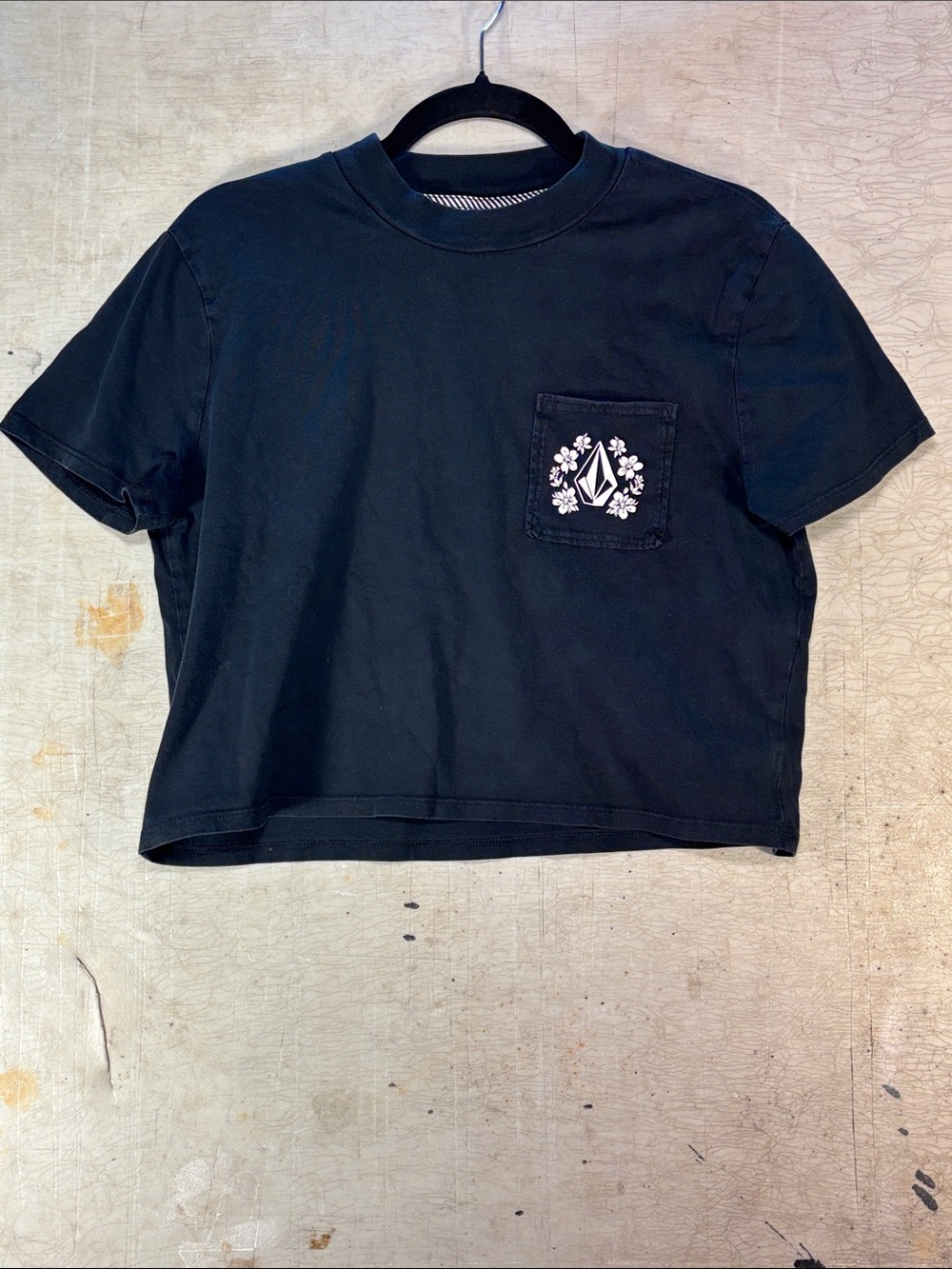 Volcom Black Short Sleeve Crop Tee with Floral Pocket Logo
